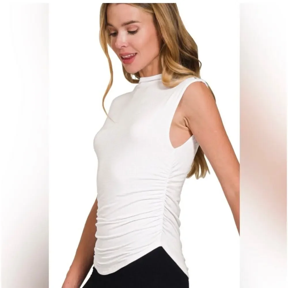 Zenana - Double Layered Ruched Side Mock Neck Top - Large - Picture 2 of 4